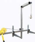 Tough As Nails Hydraulic Engine Hoist Featuring Adjustable Telescopic Boom And Reinforced Foldable Legs For Smooth Daily Job Tasks And AC Condenser Removal with yellow pulley and hook.