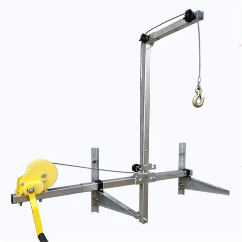 Tough As Nails Hydraulic Engine Hoist Featuring Adjustable Telescopic Boom And Reinforced Foldable Legs For Smooth Daily Job Tasks And AC Condenser Removal with yellow pulley and hook.