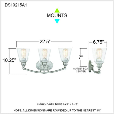 Sottile Vanity Light In Brushed Nickel Three Light Bar For Bathrooms shown with dimensions and mounting instructions.