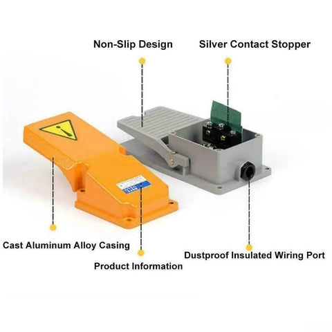 Rugged Heavy Duty Foot Switch Pedal With Guard, Cast Aluminum Build, SPDT Momentary Action, features labeled components
