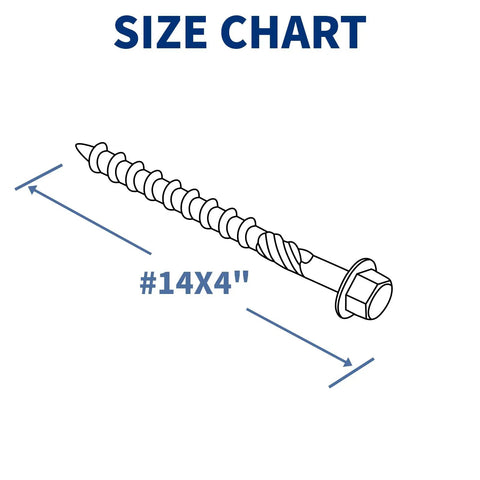 Heavy Duty Kickass 50 Pack 4 Inch Lag Screws Structural Wood Fasteners Hex Washer Head size chart with dimensions #14x4"