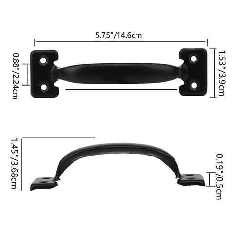 Top and side view of a handle from the Wood Gate Hardware Set Heavy Duty 6 Inch Tee Hinge And Pull Kit with measurements in black