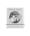 No Sweat Countertop Dishwasher offers auto fill and roomy six place setting with smooth front load rack and clog proof triple filter.