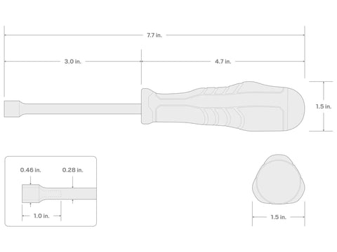 High Torque 8 mm Blade Nut Driver With Black Oxide Finish 6 Point Socket Opening Three Sided Handle For Maximum Leverage And Long Reach Durable Made In USA Tool with dimensions shown