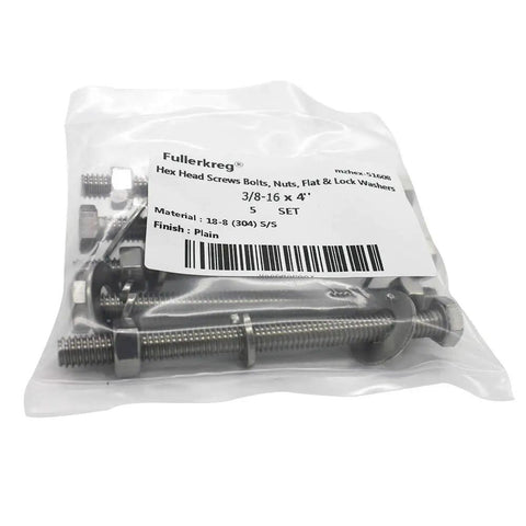 Four-Set 3/8-16 X 4 Stainless Steel Hex Head Bolts With Nuts, Flat And Lock Washers, 18-8 304 Stainless, Fully Threaded Kit by Fullerkreg
