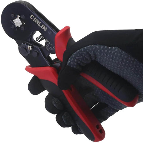 Pro Grade Heavy Duty Square Ferrule Crimping Tool Kit With Square Ferrule Plier For AWG 23 To 7 held in a gloved hand