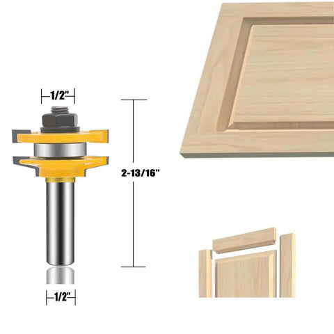 Pro Grade 3 Piece Router Bit Set With Half Inch Shank for Cabinet Doors, showing 1/2 inch size and woodworking profile in action