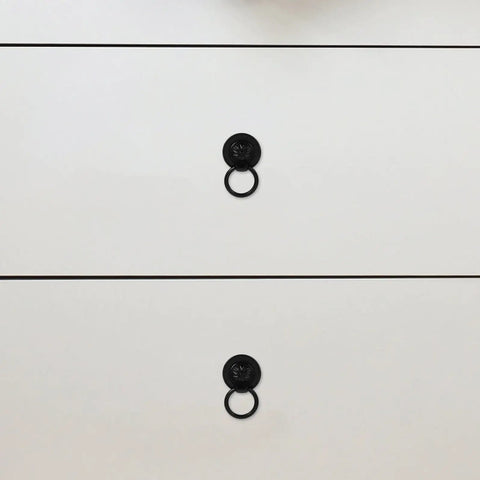 Vintage Style Drawer Pulls Set Of 4 Retro Flower Cabinet Handles 36mm Black Antique Dresser Hardware shown on white drawers