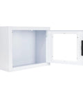 Front-angle view of a white metal CUBIX SAFETY AED cabinet with the door open, interior space for indoor defibrillators.