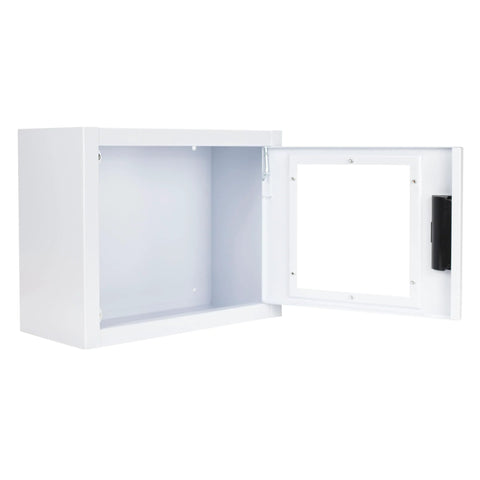 Front-angle view of a white metal CUBIX SAFETY AED cabinet with the door open, interior space for indoor defibrillators.
