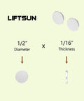 Front view: LiftSun neodymium disc magnets, 1/2 in diameter, 1/16 in thick, silver with self-adhesive backing; 50-pack