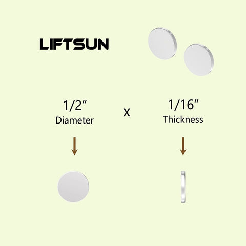 Front view: LiftSun neodymium disc magnets, 1/2 in diameter, 1/16 in thick, silver with self-adhesive backing; 50-pack