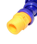 1/2-inch threaded plastic hose connector with yellow end and purple coupling for coolant, water, and oil systems