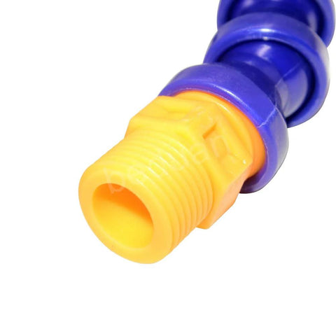 1/2-inch threaded plastic hose connector with yellow end and purple coupling for coolant, water, and oil systems