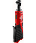 Top Shelf M12 Cordless 3/8 Inch Drive Ratchet Tool With One Point Five Amp Hour Red Lithium Battery Pack featuring compact slick design.