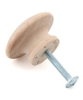 Six Pack Natural Wood Mushroom Cabinet Knobs One Point Five Inch Wide Unfinished Drawer Handles For Dresser And Wardrobe DIY Stain Or Paint Ready To Rock Sleek Top Shelf Hardware Upgrade Kit, close-up view of unfinished wood knob with metal screw.