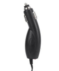 Black car charger adapter with a sleek design and silver connectors, shown against a plain background.