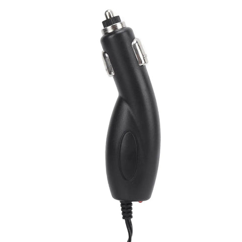 Black car charger adapter with a sleek design and silver connectors, shown against a plain background.