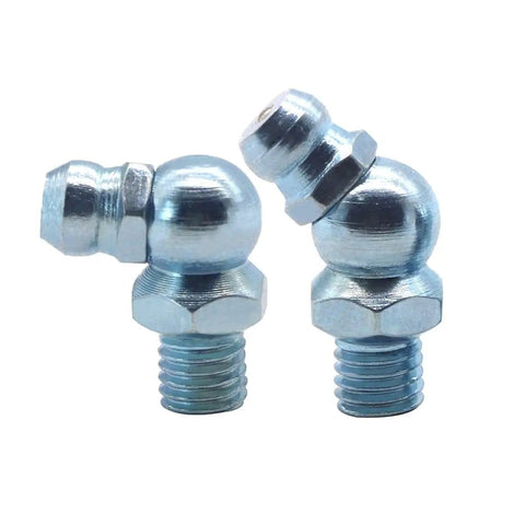 Close-up of 110 Piece Grease Nipple Set SAE 1/4 and PTF 1/8 Inch Straight 45 Degree 90 Degree Bent Hydraulic Zerk Fittings, zinc-plated
