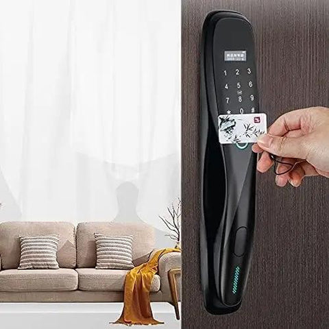 Heavy Duty Smart Door Lock Featuring Biometric Fingerprint Scanner App Control Passcode Entry Built In Theft Alarm And Long Lasting Battery For Dead Simple Home Protection Setup with keypad and RFID card access.