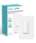 Smart Motion Sensor Light Switch With WiFi For Single Pole Circuits Requires Neutral Wire 2.4GHz WiFi Works With Alexa And Google Home No Hub Needed UL Certified White Finish next to packaging box.