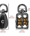 Heavy Duty Swivel Double Wheel Pulley For Quarter Inch Rope Hoisting And Maneuvering Indoors Or Outdoors Built To Last With Premium Steel, Low Friction, 360 Degree Swivel Eye, Weather Resistant And Tangle Free, 2.5 in pulley