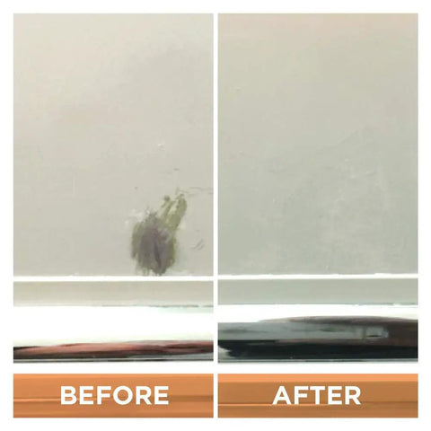 Before and after using Appliance Touch Up Paint For Stoves Microwaves And Fridges Black Epoxy Repair showing scratch repair