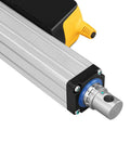Side view of a 12V ultra high-force linear actuator with aluminum body, yellow motor housing, and blue shaft seal.