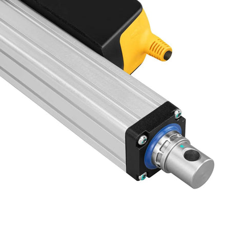 Close-up of 12V ultra high-force linear actuator with aluminum body, blue end cap, yellow drive box.