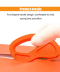Close-up of Multi Tool Wrapping Paper Cutter tool cutting paper, orange fox-shaped handle, held by gloved hand.