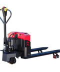 Heavy Duty Manual Pallet Jack With Full Electric Lithium Battery Fork Truck 6600 Lbs Capacity And Multi-Function Handle, red and black design.