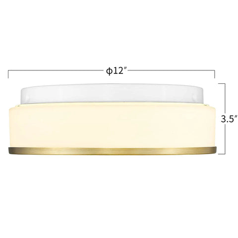 12 Inch Modern LED Flush Mount Ceiling Light With Frosted Glass Shade In Brass Finish 3000K Warm White Dimmable 18W Low Profile