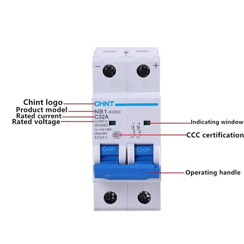 Heavy Duty Dc Circuit Breaker Featuring Digital Timer For Solar Pv Panels And Photovoltaic Installations Rated For 500V To 1000V with Chint logo and operating handles.