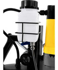 Heavy Duty Magnetic Base Drill Press Rock Solid Shop Workhorse Two Twenty Volt Portable Core Boring Rig For Tough Metal Jobs: close-up of coolant reservoir