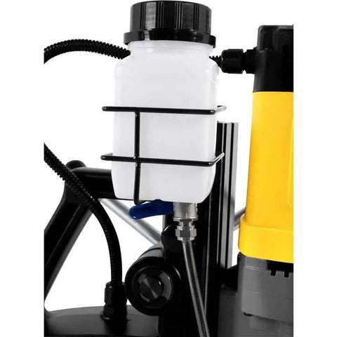 Heavy Duty Magnetic Base Drill Press Rock Solid Shop Workhorse Two Twenty Volt Portable Core Boring Rig For Tough Metal Jobs: close-up of coolant reservoir