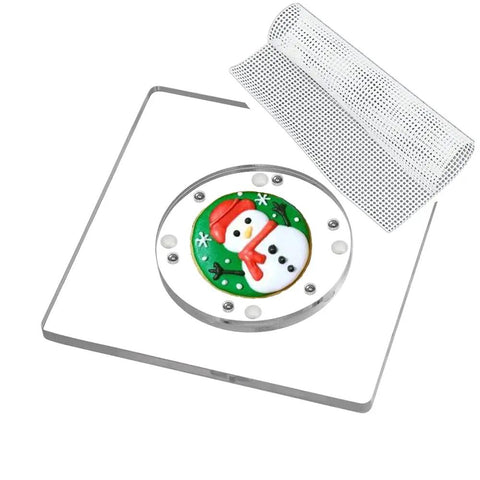 Slick Square Acrylic Cookie Decorating Turntable With Anti Slip Silicone Mat, featuring festive snowman design on clear platter.