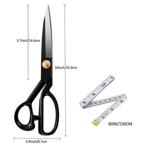 Pro Grade Fabric And Garment Sewing Scissors 10 Inch Heavy Duty Tailor Shears Cuts Like A Boss With Precision, Sharp High Carbon Steel, Durable For Quilting Garments And Home Textiles. with 60-inch tape measure