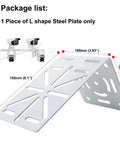 Sturdy Steel CCTV Camera Mount Bracket Adapter With L Shape Design for universal mounting, shown with dimensions and cameras.