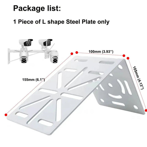 Sturdy Steel CCTV Camera Mount Bracket Adapter With L Shape Design for universal mounting, shown with dimensions and cameras.