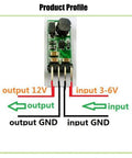 Two Pack Mini DC DC Boost Step Up Power Module Converts 3 To 6 Volt Input Up To 12 Volt Output Ideal For DIY Projects Lightweight Compact Boost Converter With Overheat Protection And One Point Two Amp Max Current showing input and output connections