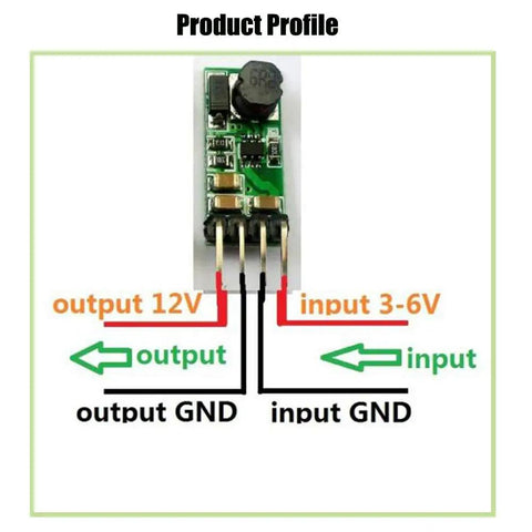 Two Pack Mini DC DC Boost Step Up Power Module Converts 3 To 6 Volt Input Up To 12 Volt Output Ideal For DIY Projects Lightweight Compact Boost Converter With Overheat Protection And One Point Two Amp Max Current showing input and output connections
