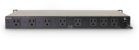 Dope 1U Rack Mount Power Conditioner With Knockout Surge Protection And Slick Noise Filtering Featuring Dual Front Pull Out LED Lights Plus Fast Read Voltage Monitor Display For Tight Audio Gear Setup, showing back panel with power outlets.
