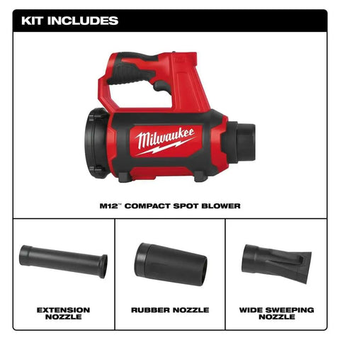 12V Cordless Compact Spot Blower Tool Only Chrome Finish for Quick Debris Cleanup, includes extension, rubber, sweeping nozzles
