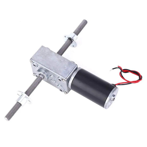Dual Shaft Coaxial Gear Motor With M8 Threads 24V Geared Motor For Precision Motion Control In Automation And Robotics Beefy High Torque Gearing With Right And Left Shafts Flange Mount For Accurate Linear Actuation, shown with threaded shafts and wires
