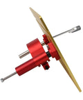 Gonna Nail Every Joint This Hella Stable Manual Router Lift Table Kit With Heavy Duty Aluminum Base Plate For Diy Woodworkers Seeking Smooth Cuts And Reliable 47mm Travel In Gold side view of aluminum router lift with red components.