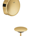 Slick Gold Finish Bath Fill Drain And Overflow Fixture Hella Smooth Water Drainage With Rosette And Plug Quick Mount plumbing hardware.