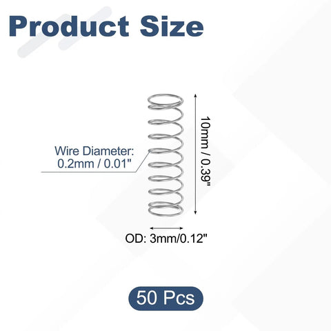 50 Pcs 304 Stainless Steel Compression Springs 0.2mm Wire 3mm Outer Diameter 10mm Free Length Tiny Pen Springs size diagram