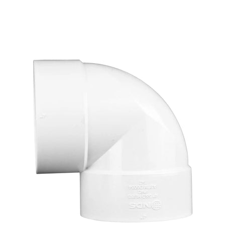 PVC 90 Degree Elbow Fitting 4 Inch Hub To Hub Solvent Weld Connections White adds a smooth 90 degree turn between pipes