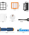 Pro Grade Replacement Parts Kit For Robot Vacuum Cleaners showing filters, brushes, rollers dimensions
