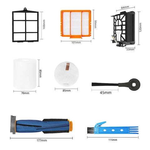 Pro Grade Replacement Parts Kit For Robot Vacuum Cleaners showing filters, brushes, rollers dimensions